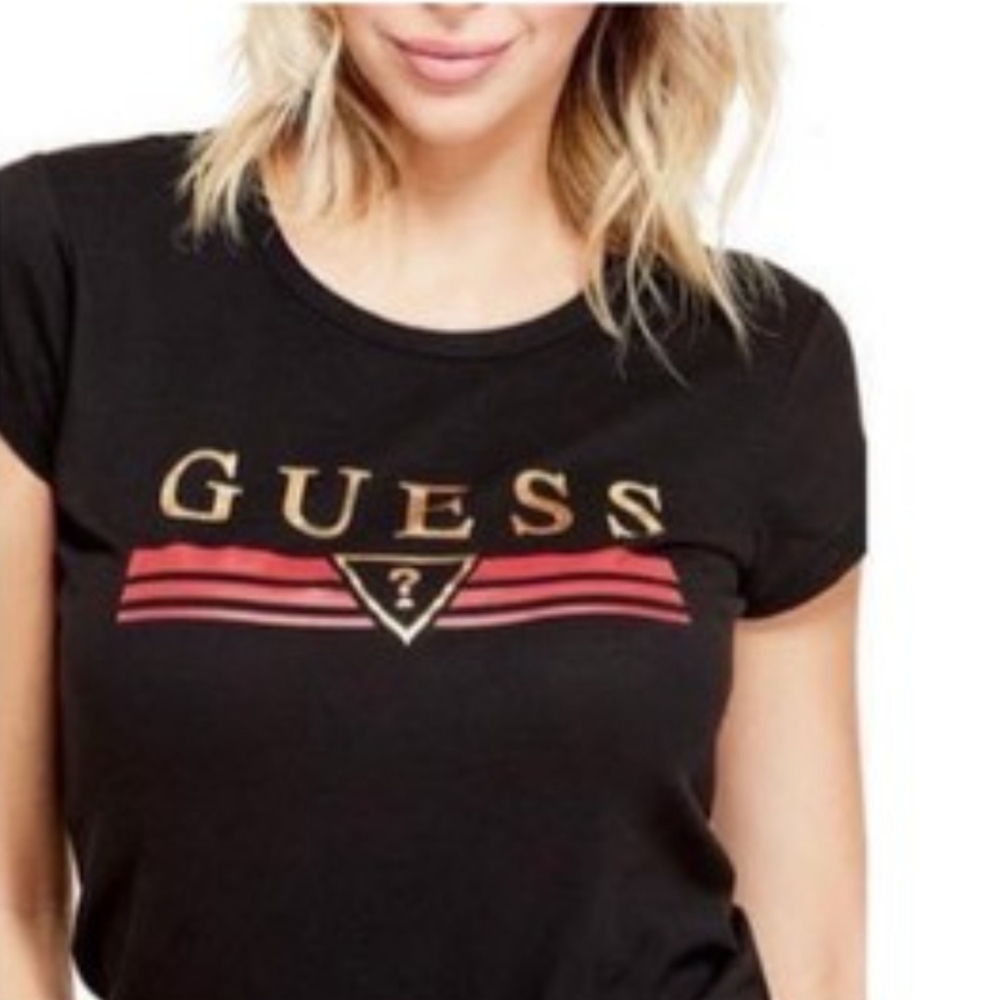 Womens guess shirt sleeve t shirt striped black red gold